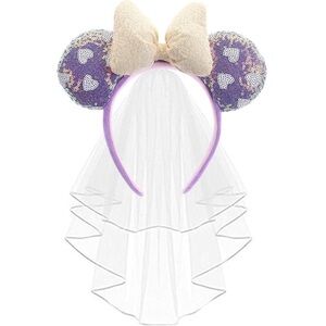 Purple Sequin Mouse Ears Headband with Bow and veil